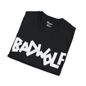 May include: Black t-shirt with a white graphic that says "BADWOLF" in a stylised font. The shirt has a crew neck and short sleeves.