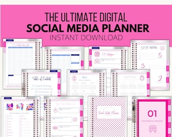 Puede incluir: Un planificador de redes sociales digital rosa y blanco con un patrón de lunares. El planificador incluye secciones para la estrategia digital, la agrupación de contenido, Facebook e Instagram. El planificador está hipervinculado y disponible como descarga de PDF digital.
