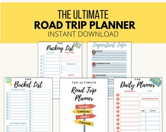May include: Printable road trip planner with checklist pages for packing, important information, a bucket list, and a daily planner. The planner features a colorful design with road signs and a globe.