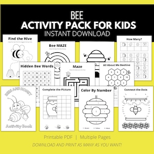 Può includere: Un pacchetto di attività stampabile per bambini con attività a tema api, come un labirinto, un gioco di punti da unire, un colorare per numeri e una ricerca di parole nascoste. Il pacchetto include il testo "BEE ACTIVITY PACK FOR KIDS INSTANT DOWNLOAD".