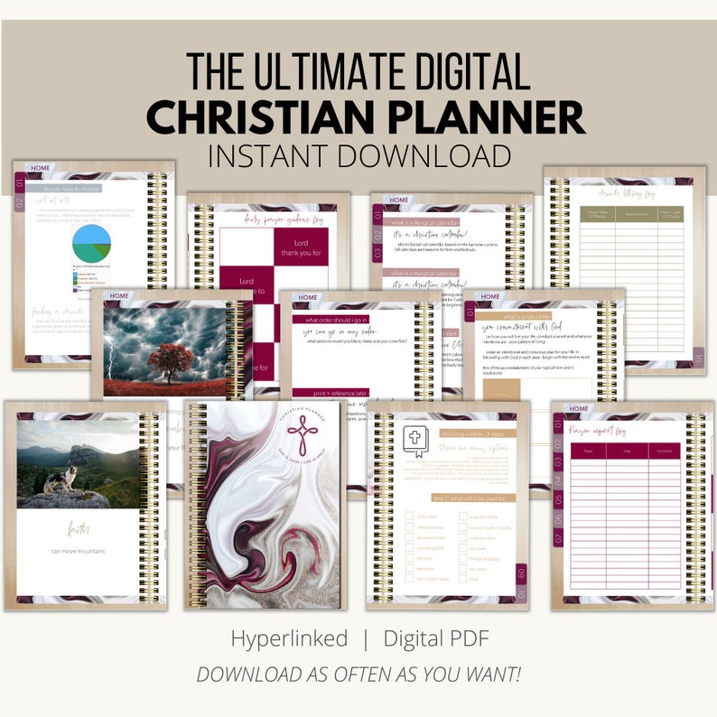 May include: A digital Christian planner with a marble cover and gold accents. The planner is hyperlinked and available as a PDF download. The planner includes pages for daily prayer, scripture study, and goal setting.