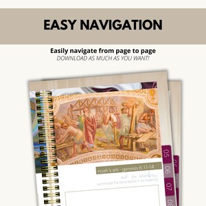 May include: A close-up of a spiral bound journal with a colorful painting of people building a wooden structure. The page has the text "noah's ark - genesis 6:11-14" and "ark or rainbow. summarize the story below + its meaning".