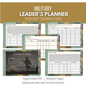 以下が含まれることがあります： 緑、茶色、黒のカラーリングの印刷可能な軍事リーダー用プランナー。プランナーには、カレンダー、兵士、リソース、連絡先、自宅、METL、LETC、メモのセクションが含まれています。プランナーには、ジョージ・C・マーシャル将軍の引用も含まれています。