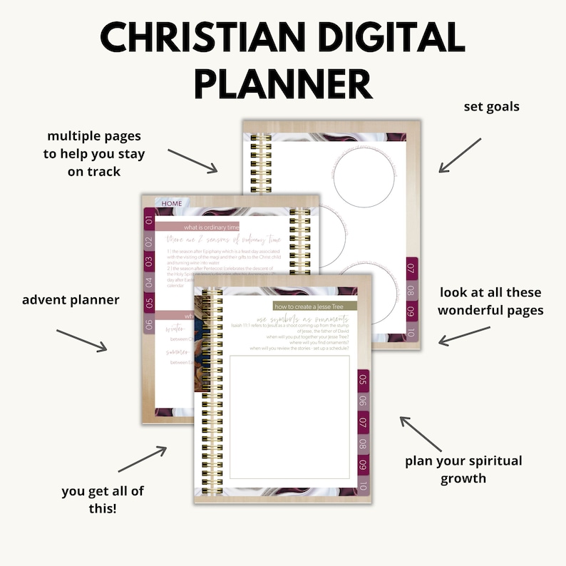 May include: A digital planner with a woodgrain background and burgundy accents. The planner has multiple pages with sections for setting goals, planning spiritual growth, and an advent planner. The text "CHRISTIAN DIGITAL PLANNER" is at the top of the image.