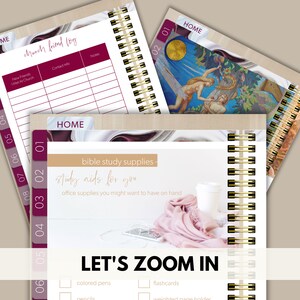May include: A close-up of a pink and white marble-patterned notebook with a gold spiral binding. The notebook has a tab labeled "HOME" and the text "bible study supplies - study aids for you" in a gold font. The text "LET'S ZOOM IN" is in a large, bold font. Below the text are two checkboxes with the text "colored pens" and "flashcards".