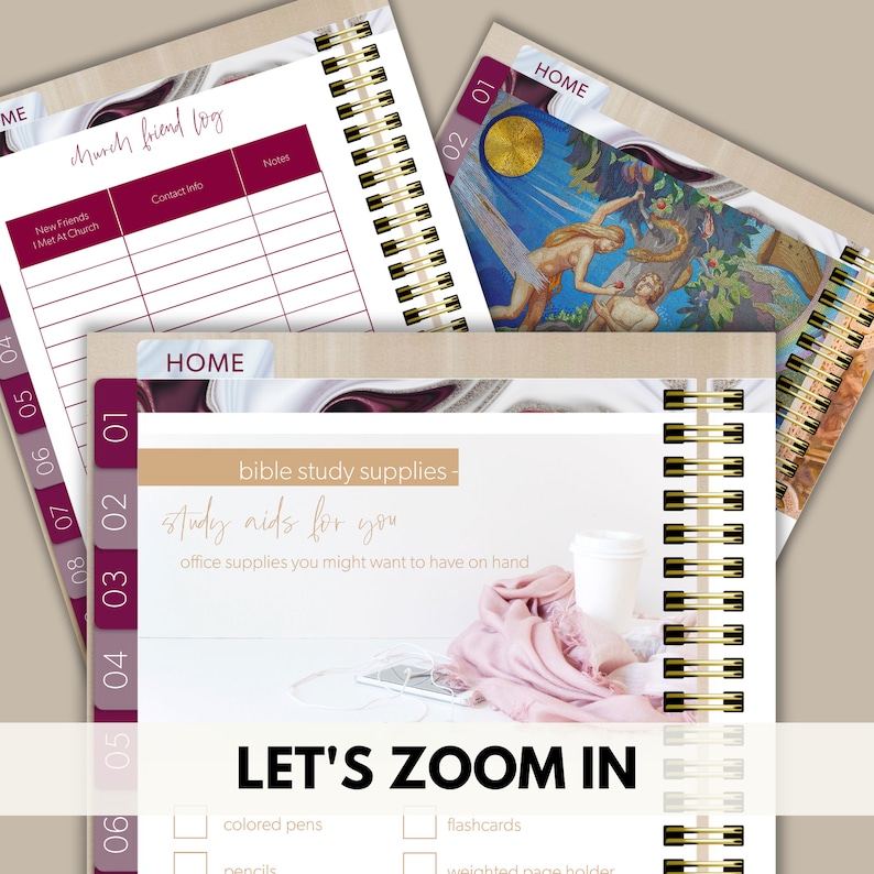 May include: A close-up of a pink and white marble-patterned notebook with a gold spiral binding. The notebook has a tab labeled "HOME" and the text "bible study supplies - study aids for you" in a gold font. The text "LET'S ZOOM IN" is in a large, bold font. Below the text are two checkboxes with the text "colored pens" and "flashcards".
