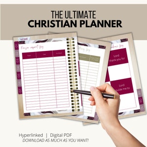 May include: A digital planner with a burgundy and white marble design. The planner includes sections for prayer requests, tithing, and guidance logs. The text "THE ULTIMATE CHRISTIAN PLANNER" is at the top of the page.