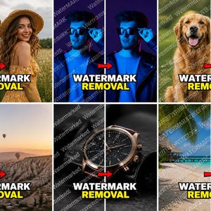Könnte beinhalten: Das Bild zeigt einen Vorher-Nachher-Vergleich von Fotos, der die Entfernung von Wasserzeichen hervorhebt. Die Fotos zeigen eine Frau, einen Mann mit Sonnenbrille, einen Golden Retriever, einen Heißluftballon, eine Uhr und eine Strandszene.