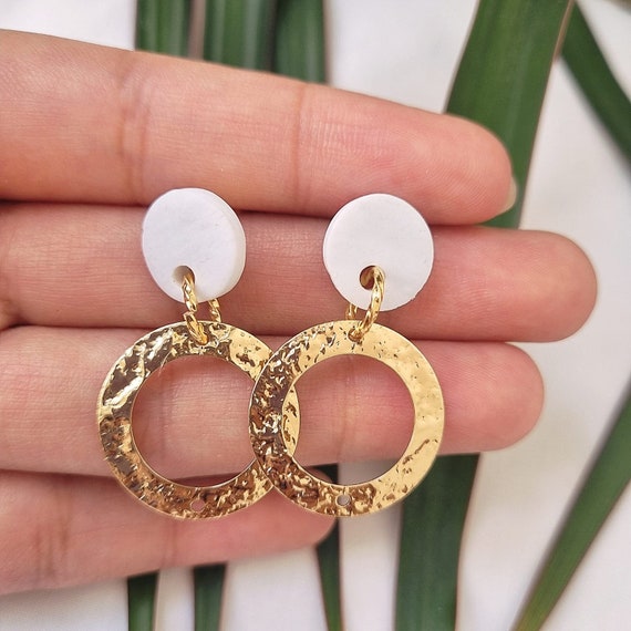 Simple White and Gold Earrings 18K Gold Plated Etsy