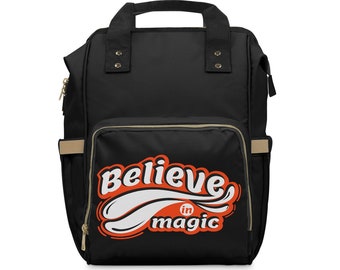 Multifunctional Black Diaper Backpack-Believe in magic logo