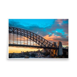 Sydney Harbour Bridge at Sunset - Sydney Harbour, Luna Park, Zonsondergang, Harbour Bridge, Architectuur, Australië, Beroemd, Fine Art Print, Wolken