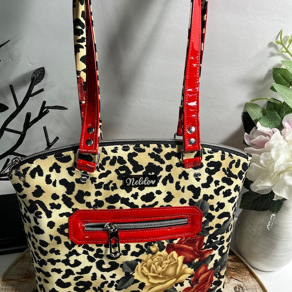 Stunning Handbag in Black/Tan Animal Print, with Red/Gold Roses || Red Patent Vinyl Accents