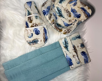 Juego de cocina Feather: funda para cuencos, toalla y guante para pinzas