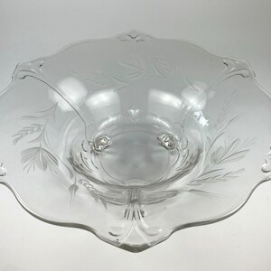 Large Vintage Glass Bowl with Etched Floral Design — Beautiful Display Piece