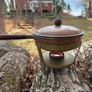 Vintage Copper/Brass/Tin Chafing Dish Warming Pan by Hammacher Schlemmer — Lidded Pan, Stand, Burner for Sterno/Candles (8 Candles Included)