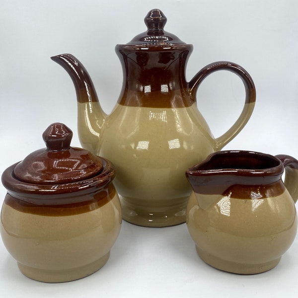 Vintage Stoneware Pottery Teapot with Cream and Sugar—Tan/Brown/Beige—Coffee/Tea Service—Set of 3—Circa 1970s