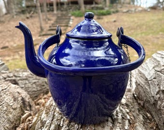 Vintage Blue Enamelware Coffee Pot / Tea Kettle with Lid — Made in Yugoslavia — Camping / Country, Farmhouse, Rustic Decor