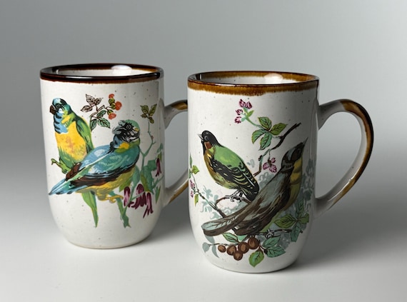 Vintage Speckled Stoneware Mugs – Set of 2 Bird Coffee Cups – Rustic Cottagecore Kitchen