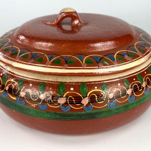Set of Vintage Tlaquepaque Hand-Painted Mexican Pottery: 2-Handled Covered Casserole Dish & Handled Bean Pot with Lid