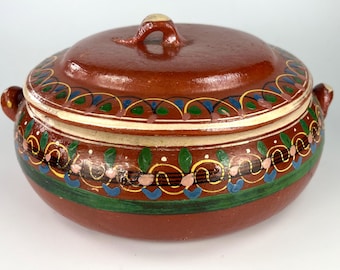 Set of Vintage Tlaquepaque Hand-Painted Mexican Pottery: 2-Handled Covered Casserole Dish & Handled Bean Pot with Lid