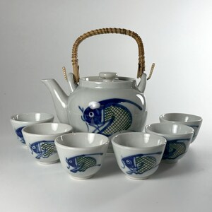 Vintage 8-Piece Japanese Koi Fish Tea Set — Bamboo Handle Teapot — 6 Handleless Cups