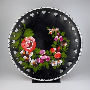 Large Handmade Decorative Plate — Hand-Painted Floral Design & Hand-Carved Heart Cutouts — Pottery/Folk Art/Country/Farmhouse
