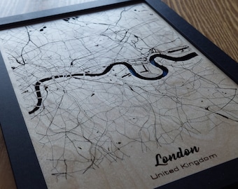 Mappa della città di Londra Wall Art / 3D Multi Layered / Laser Engraved Wood Acrylic Water Effect