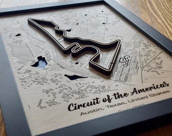 Circuit of the Americas Wall Art | F1 United States GP | Laser Engraved Wood | Acrylic Water Effect