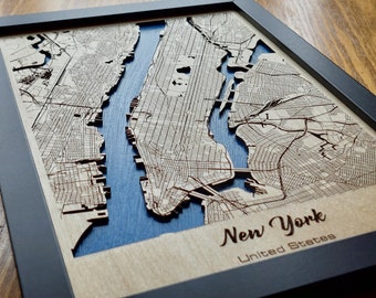 New York Map Wall Art / 3D Multistrato / Legno inciso al laser Acrilico Effetto Acqua