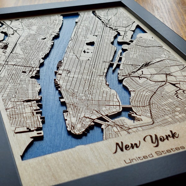 New York Map Wall Art | 3D Multi Layered | Laser Engraved Wood Acrylic Water Effect