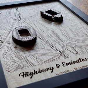 Décoration murale Highbury et Emirates Stadium | Domicile de l'Arsenal FC | Multicouche 3D | Bois gravé au laser