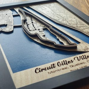 Art mural Circuit Gilles Villeneuve | Grand Prix du Canada F1 | Bois gravé au laser | Acrylique effet eau