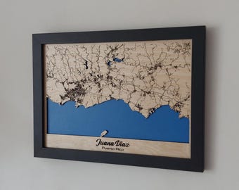 Mappa murale di Juana Diaz: legno inciso al laser, regalo per Porto Rico