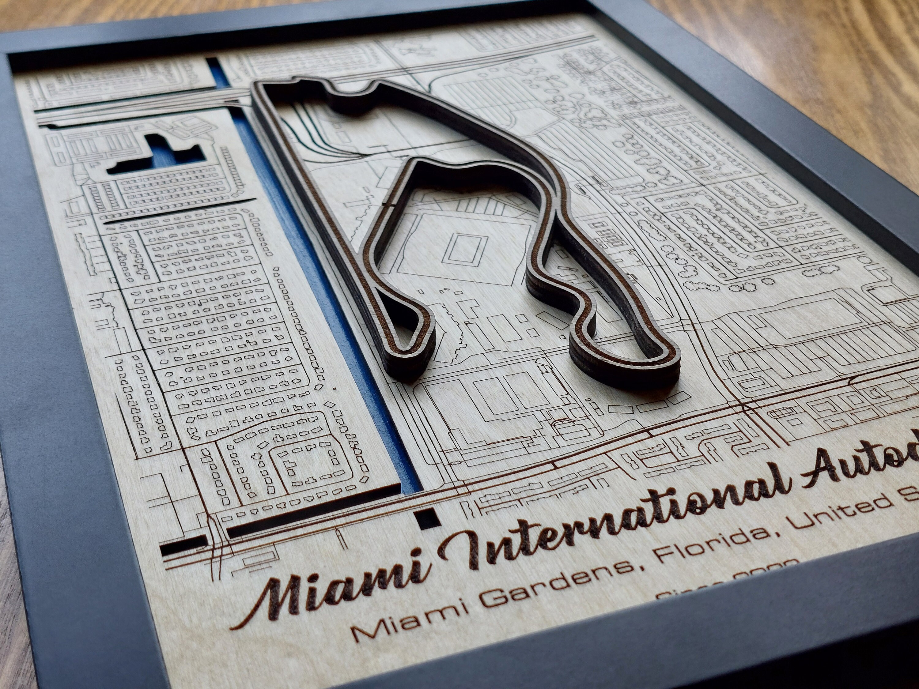 Miami International Autodrome Wall Art | F1 Miami GP | Laser Engraved Wood | Acrylic Water Effect