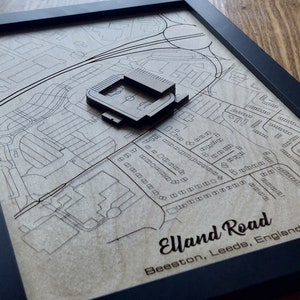 Elland Road-muurkunst | Thuisbasis van Leeds United FC | 3D-meerlaags | Lasergegraveerd hout