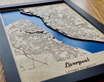 Liverpool City Map Wall Art | 3D Multi Layered | Laser Engraved Wood Acrylic Water Effect