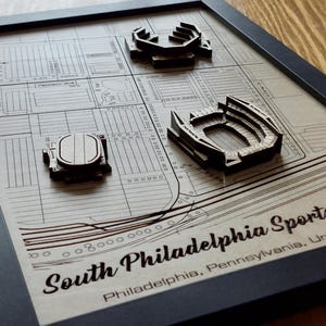 May include: Framed artwork showing a map of South Philadelphia Sports Complex with three wooden stadium models. The map is in sepia tones, and the frame is black. The text "South Philadelphia Sports Complex" is visible.
