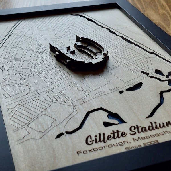 Gillette Stadium Wall Art | Home of the New England Patriots | 3D Multi Layered | Laser Engraved Wood Acrylic Water Effect