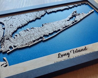 Decorazione murale con mappa di Long Island: legno inciso al laser, regalo di New York