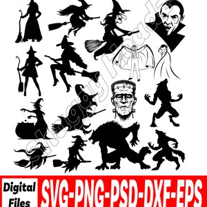 Puede incluir: Un conjunto de 11 archivos de corte SVG de temática de Halloween en blanco y negro. Los archivos incluyen imágenes de brujas, hombres lobo, un vampiro, el monstruo de Frankenstein y un caldero.