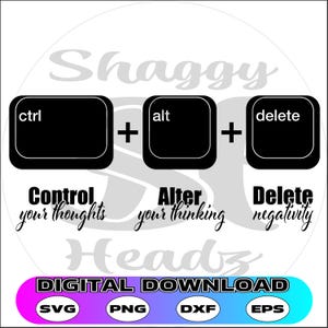 May include: Black and white digital download graphic with three computer keys. The keys are labeled "ctrl", "alt", and "delete". Below the keys are the words "Control your thoughts", "Alter your thinking", and "Delete negativity".