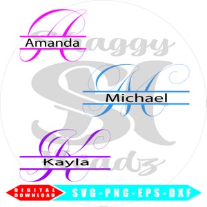 Op de afbeelding: Een digitale download van drie gemonogrammeerde namen met een gesplitste lettertype stijl. De namen zijn Amanda, Michael en Kayla. De letters zijn in een cursief lettertype met een lijn door het midden. De letters zijn in roze, blauw en paars.