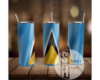 St Lucia Flag 20 oz Skinny Tumbler Sublimation Design, Straight Tumbler, Tapered Tumbler Wrap PNG, Digital Download, St Lucia Tumbler Design