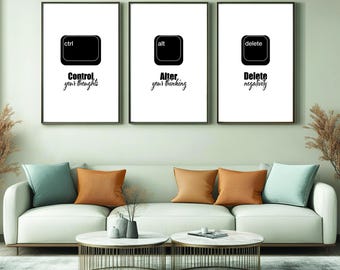May include: Three black and white framed prints with computer keyboard keys and motivational text. The first print says "Control your thoughts" with a "ctrl" key. The second print says "Alter your thinking" with an "alt" key. The third print says "Delete negativity" with a "delete" key.