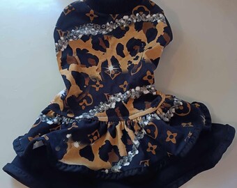 Pretty Handmade Dog Dress, Cotton and Elastane, Leopard Pattern