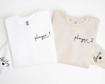 Sweat-shirt pour couple gamer, cadeau assorti pour la Saint-Valentin pour les couples, petite amie petit ami gamer, pull joueur 1 et joueur 2, sweat à capuche gamer, t-shirt gamer