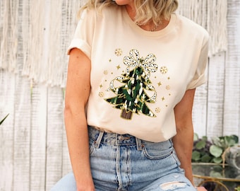 Coquette Colorful Christmas Tree T-Shirt, Faux Glitter, Girls Christmas Tree Bow Shirt, Christmas Coquette Bow, Christmas Shirts for Women