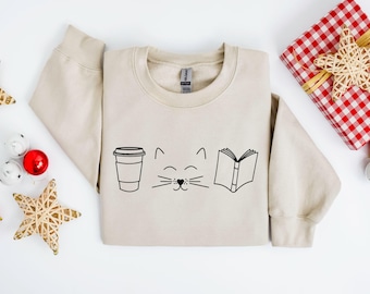 Cats Coffee Books Sweatshirt, Book Lover Gift, Cat Sweatshirt, Coffee Lover Sweatshirt, Cat Lover Gift, Reader Sweatshirt, Cats and Books