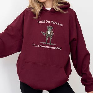 Hold On Partner Im Overstimulated Shirt, Cowboy Frog Sweatshirt, Unhinged Tshirt, Weirdcore Outfits, Gen Z Sweater, Funny Meme Hoodie Tee, Cowgirl Frog Women Sweatshirts, Western Frogs Girl Party Hoodies, Frog Gun Vacation Shirts,Holiday Cowgirls Tee