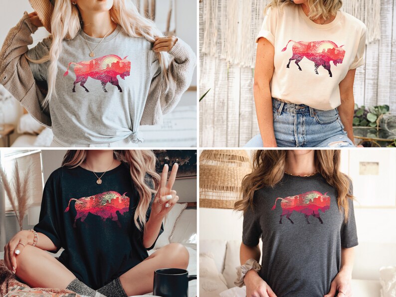 May include: Four different models wearing a t-shirt with a graphic of a red and orange silhouette of a bison with a sunset and trees inside the silhouette.
